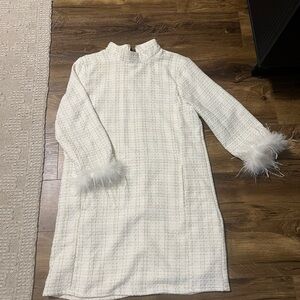 Elegant White Dress with Feather Cuffs